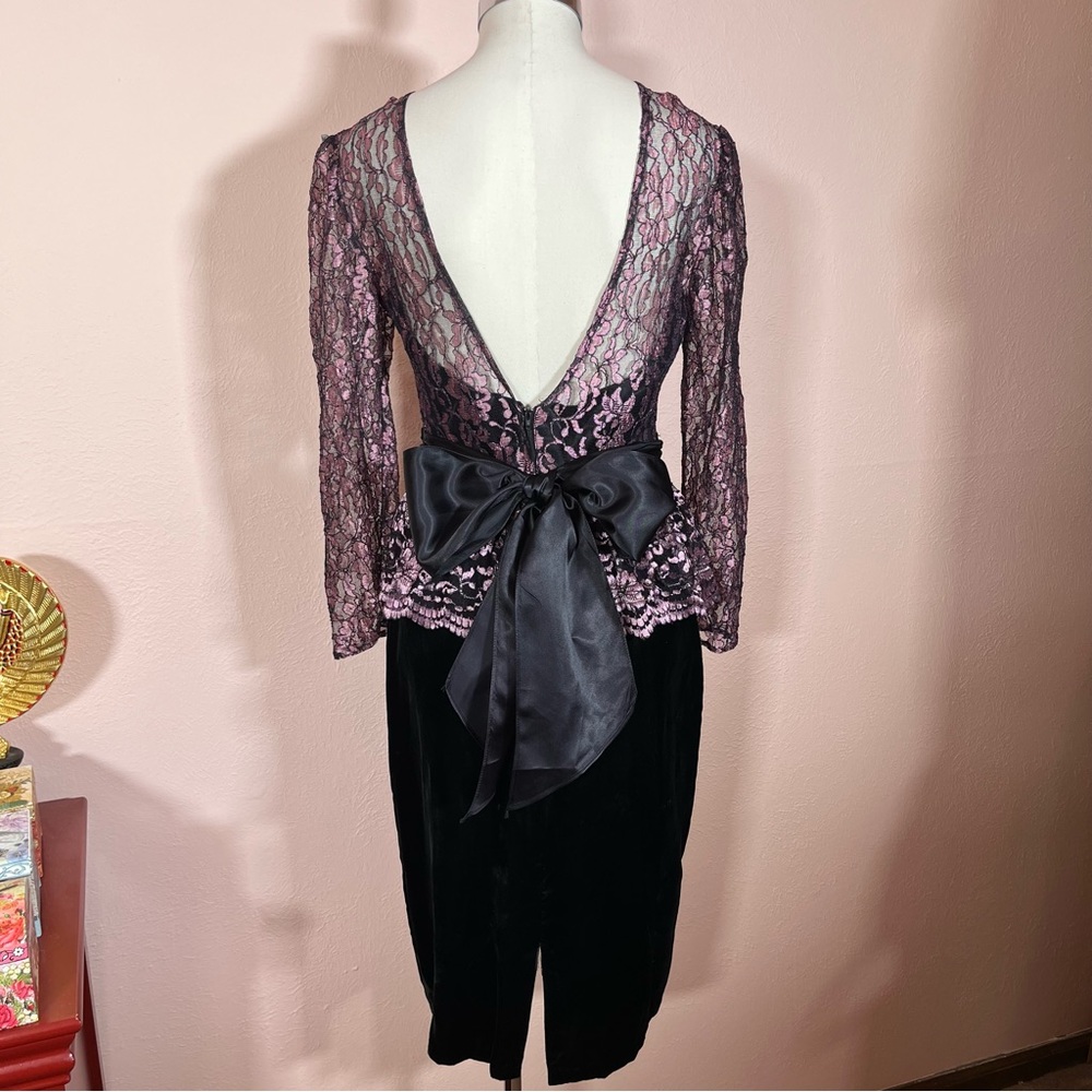 Vintage 1990 Gunne Sax Retro Pink Lace Black velvet Low Back Bow Wiggle Dresss - Picture 4 of 17